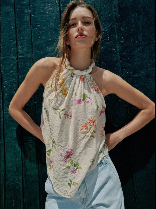 Zara Tops - Zara Cream Floral Halter Scarf Top - Pink, Orange, Green